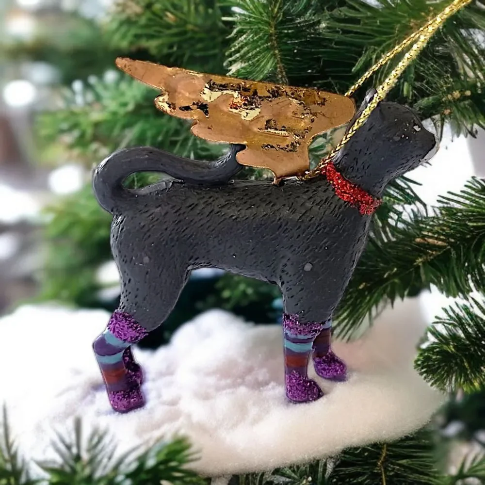 Vtg Black Cat Angel Ornament Gold Wings Purple Glitter Legs Christmas‎ Halloween